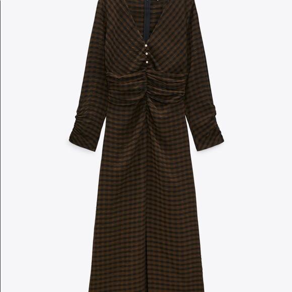 ZARA DRAPED PLAID DRESS BLACK / GREEN - Picture 5 of 10